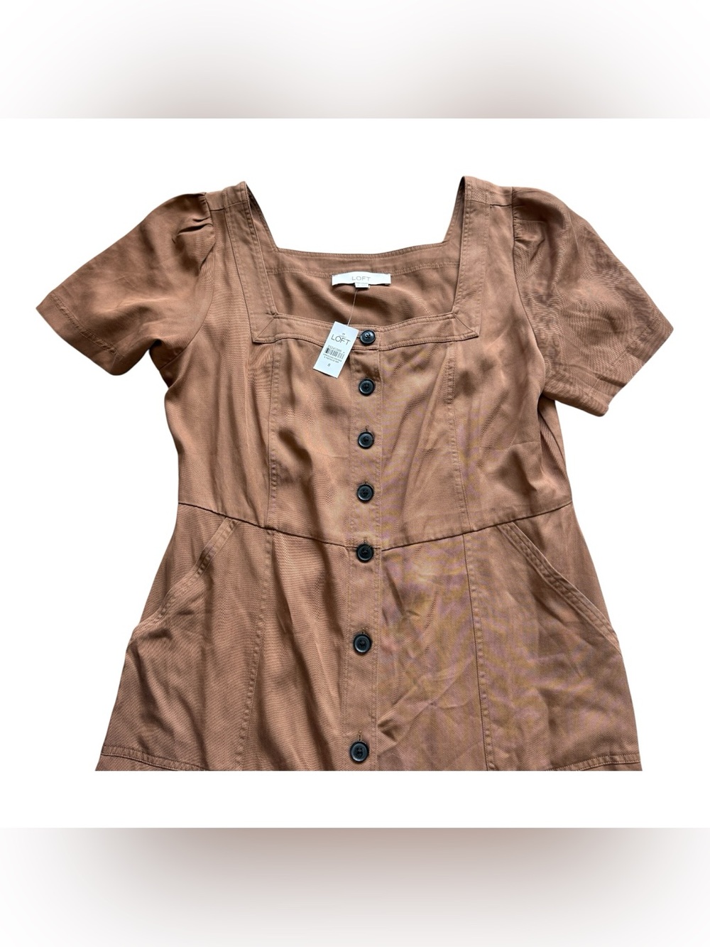 LOFT Brown Lyocell Square Neck Button Front Puff Sleeve Utility Mini Dress 8 NWT - Picture 5 of 12
